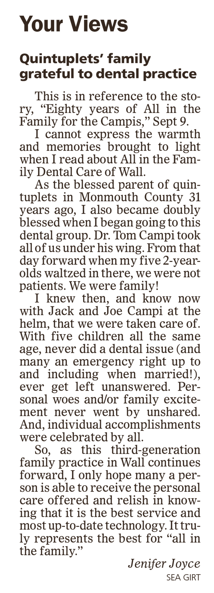 Asbury Park Press Testimonial from Family with Quintuplets