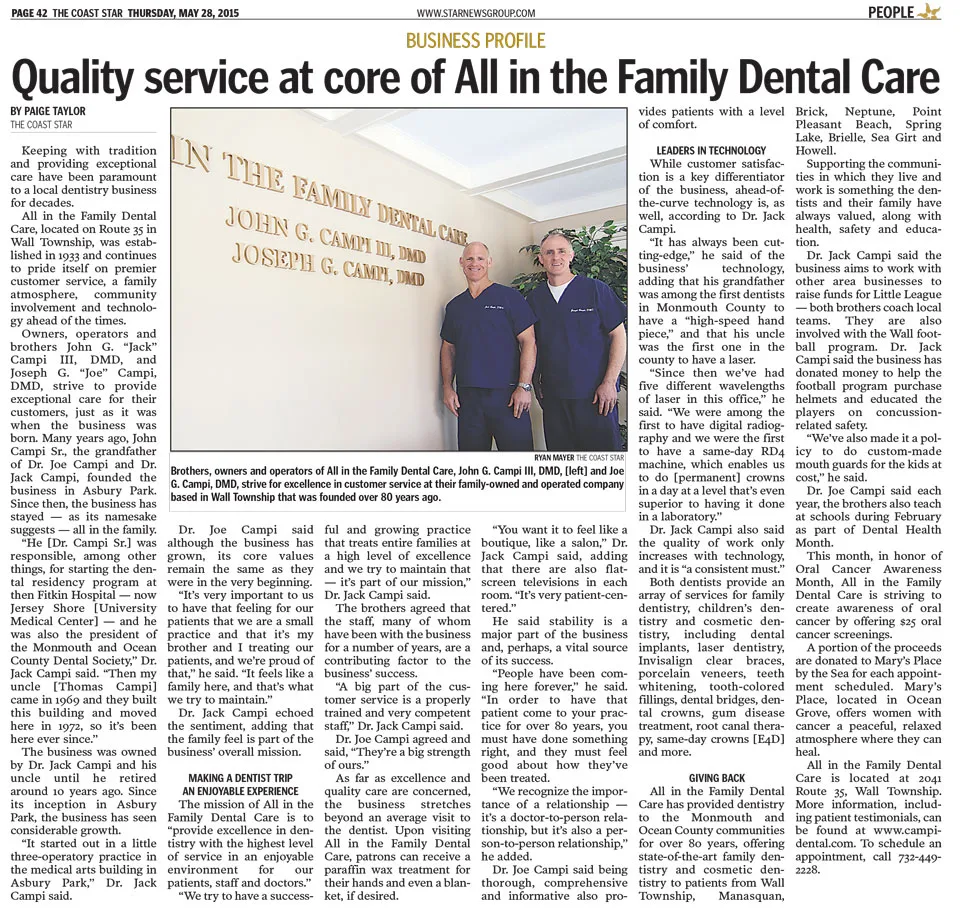 The Coast Star, Quality service at core of All in the Family Dental Care