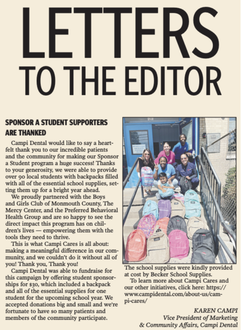 Campi Dental Letter to the Editor Regarding Sponsor a Student